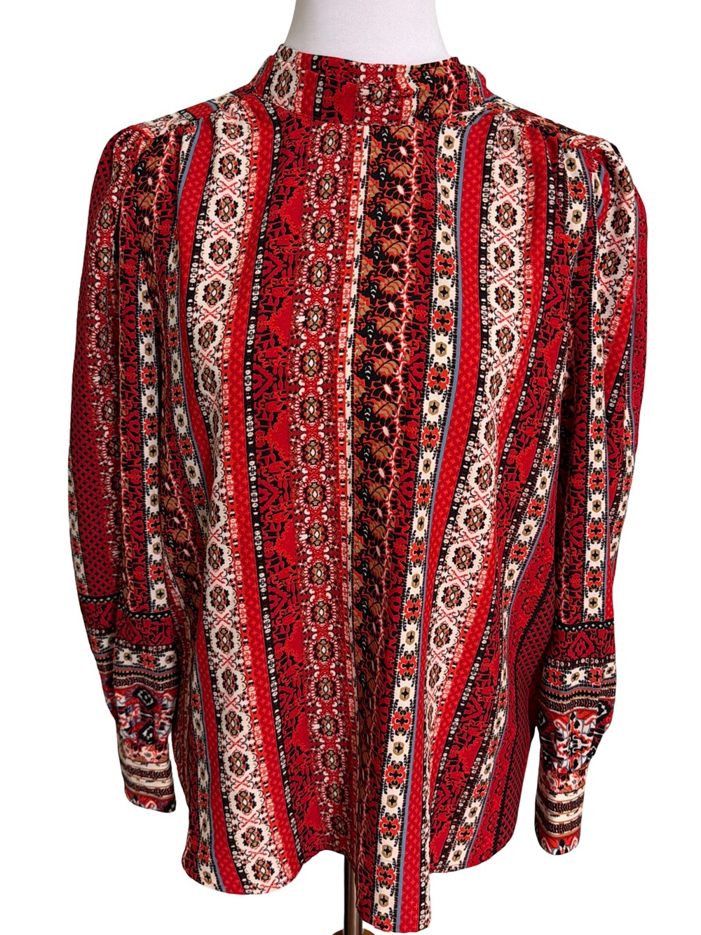 LOFT Red Patterned Mock Neck Blouse
